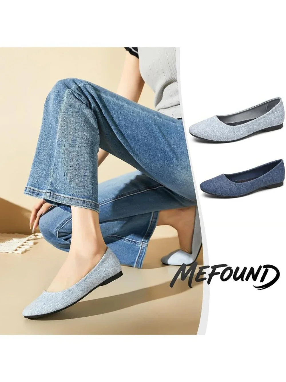 Women's Light Denim PU Leather Comfortable Ballet Flats Slip on Round Toe Shoes
